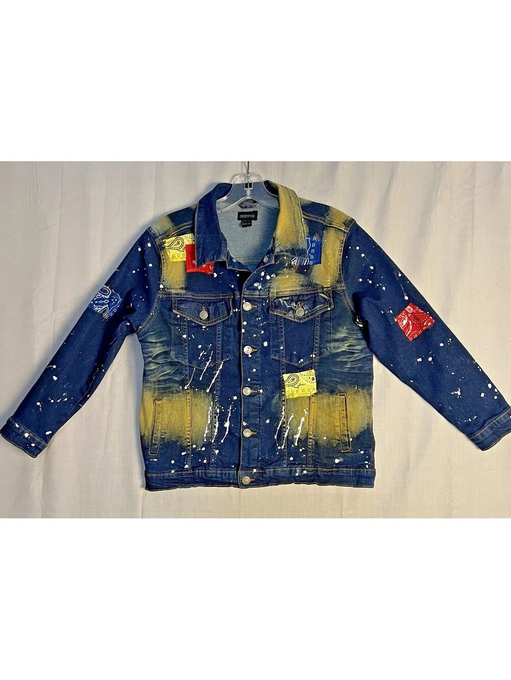 Encrypted Denim Trucker Jacket Boys XL 14-16 Bleached Paint Splatter Patches Y2K